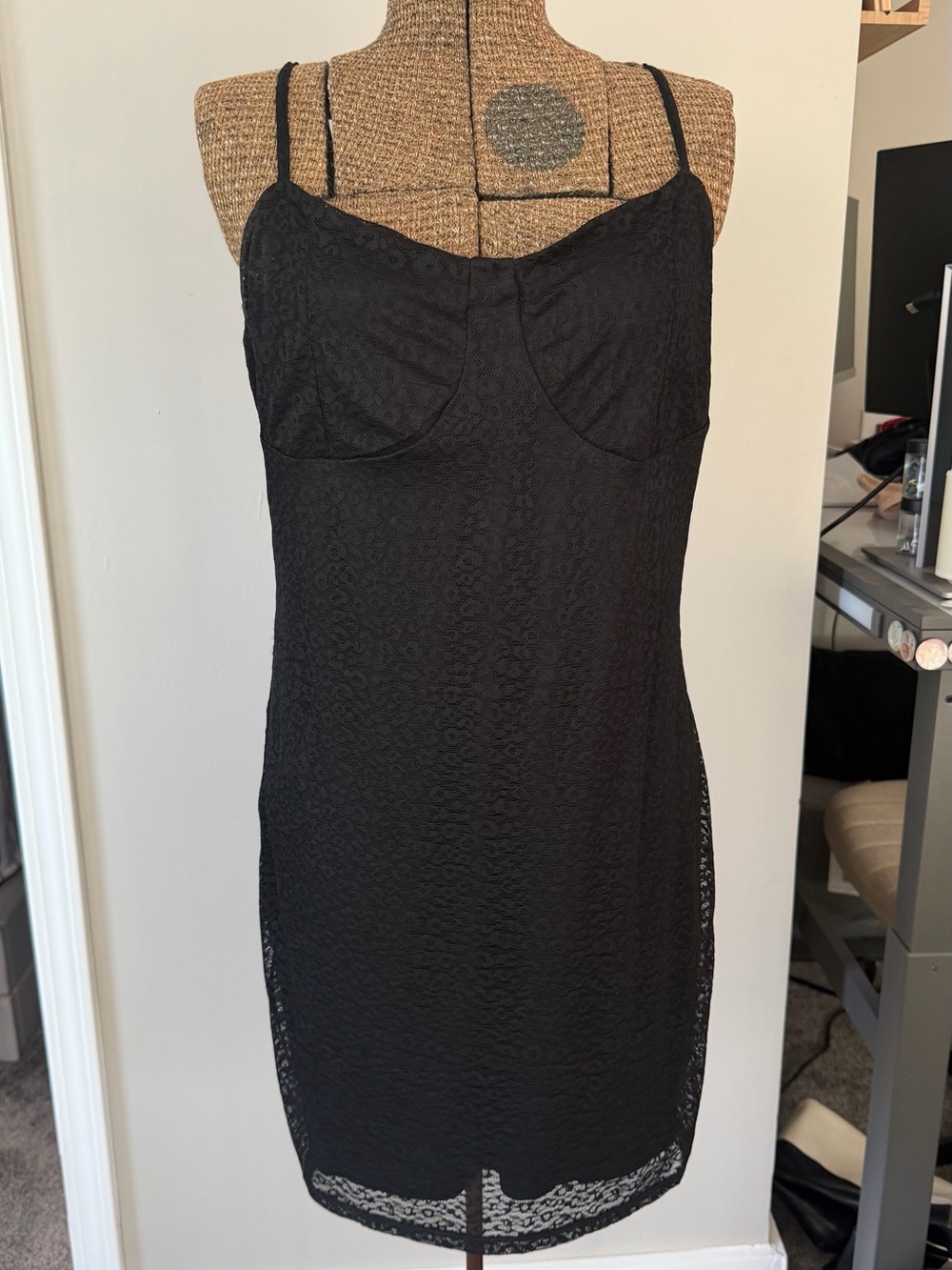 NWT H&M Black Lace Leopard Mini Slip Dress with Thin Straps, L